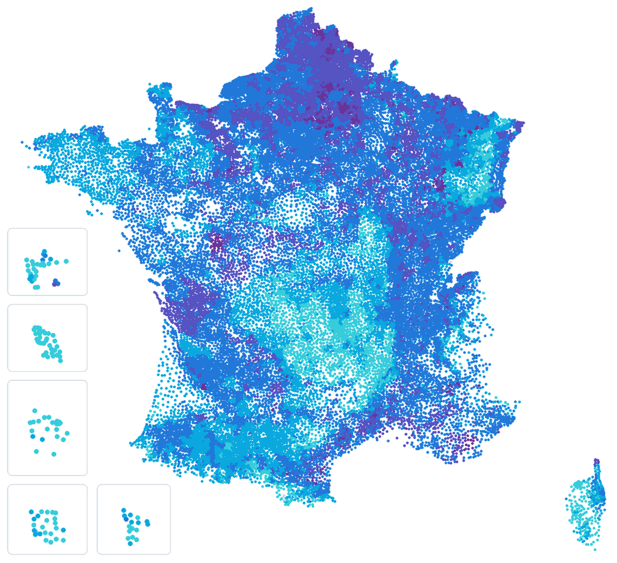 Carte de France de la dureté de l'eau du robinet : un point par commune, du bleu clair (eau très douce) au violet (eau très dure)