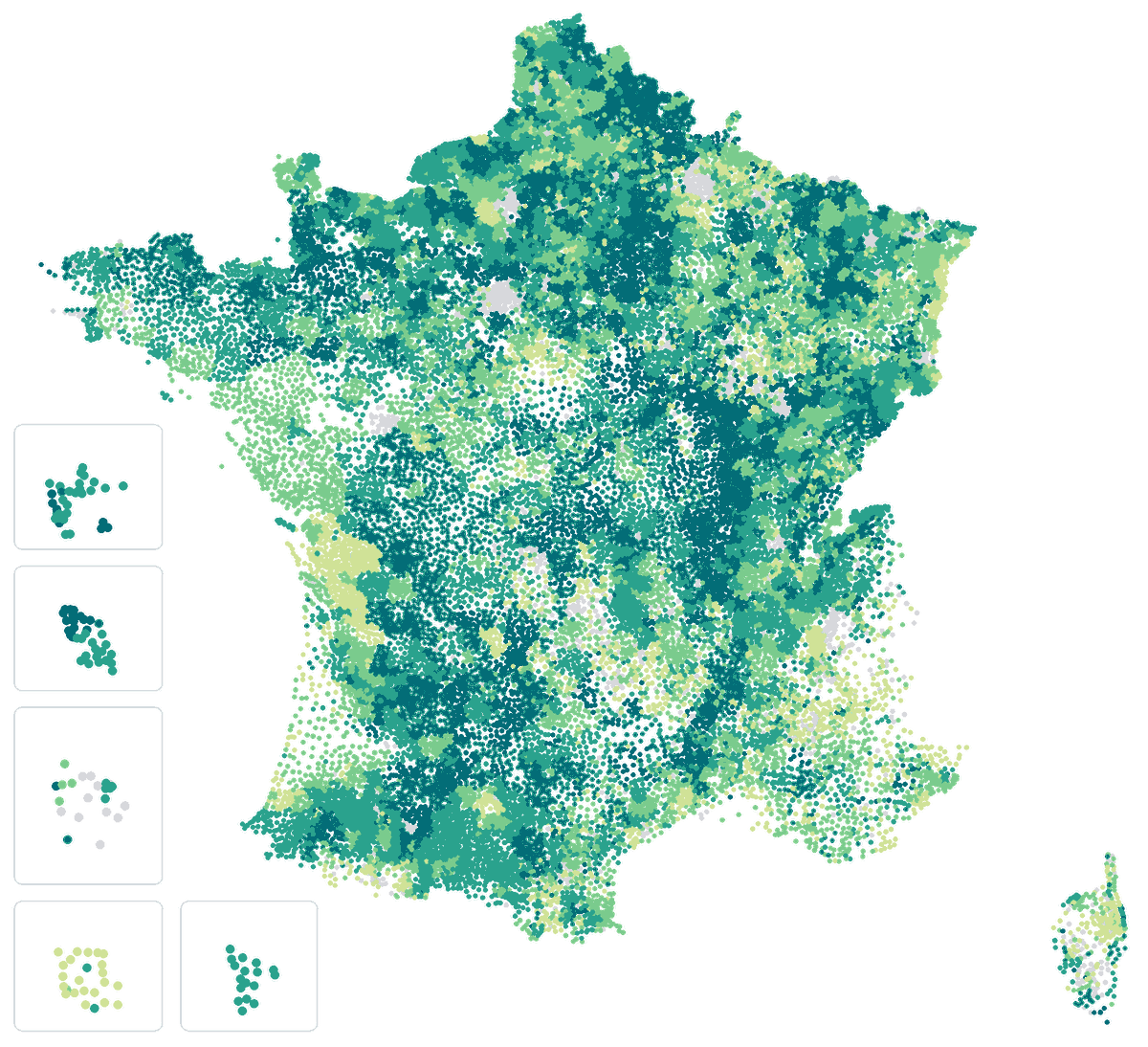 Carte de France du prix de l'eau potable : un point par commune, du vert clair (moins de 2 €/m³) au bleu foncé (3,50 €/m³ et plus) ; en gris, prix non publié
